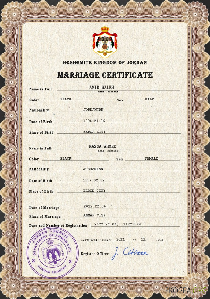 Modèle PSD de certificat de mariage en Jordanie